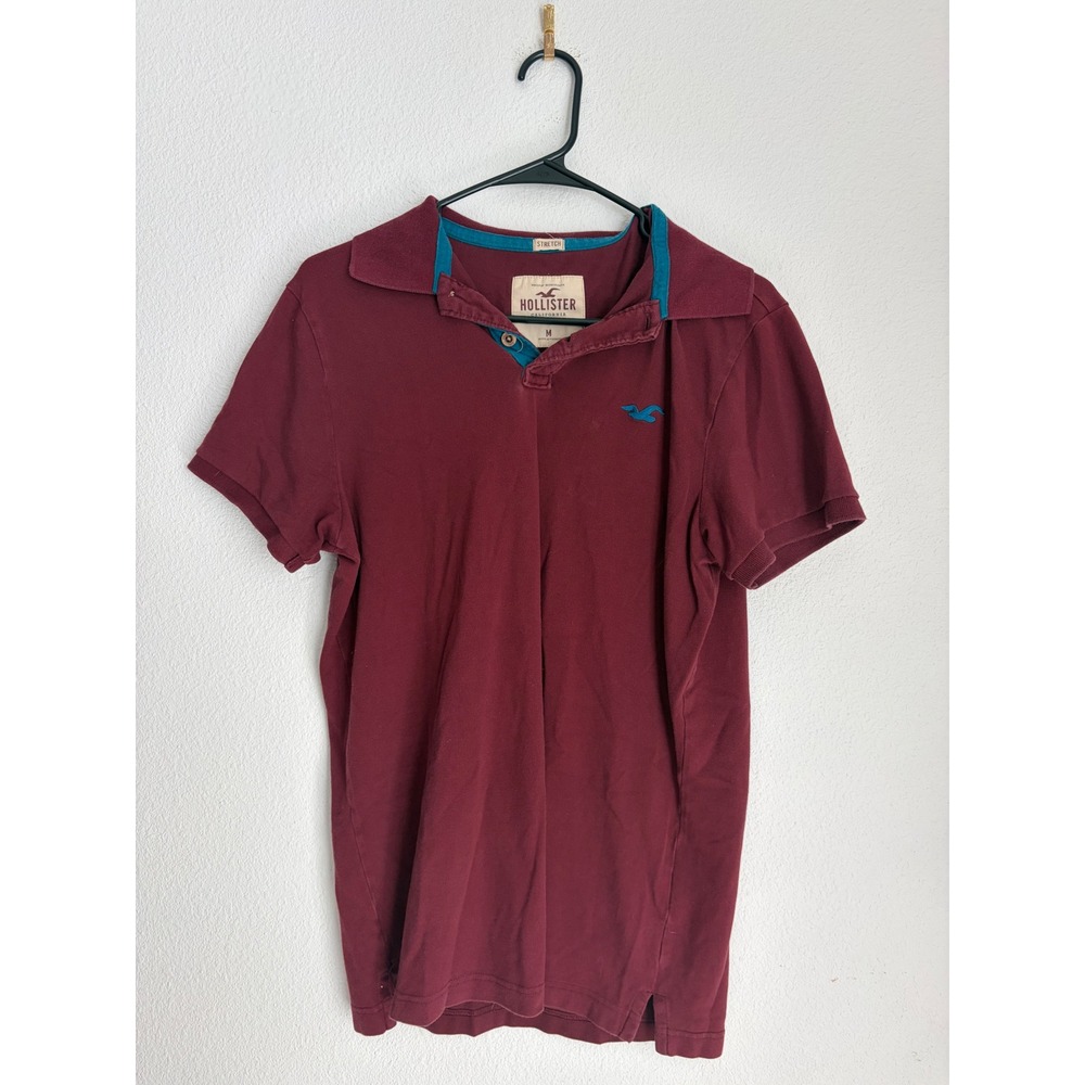 Hollister Burgundy Maroon Short Sleeve Polo Shirt Teal Logo Stretch Pique Medium